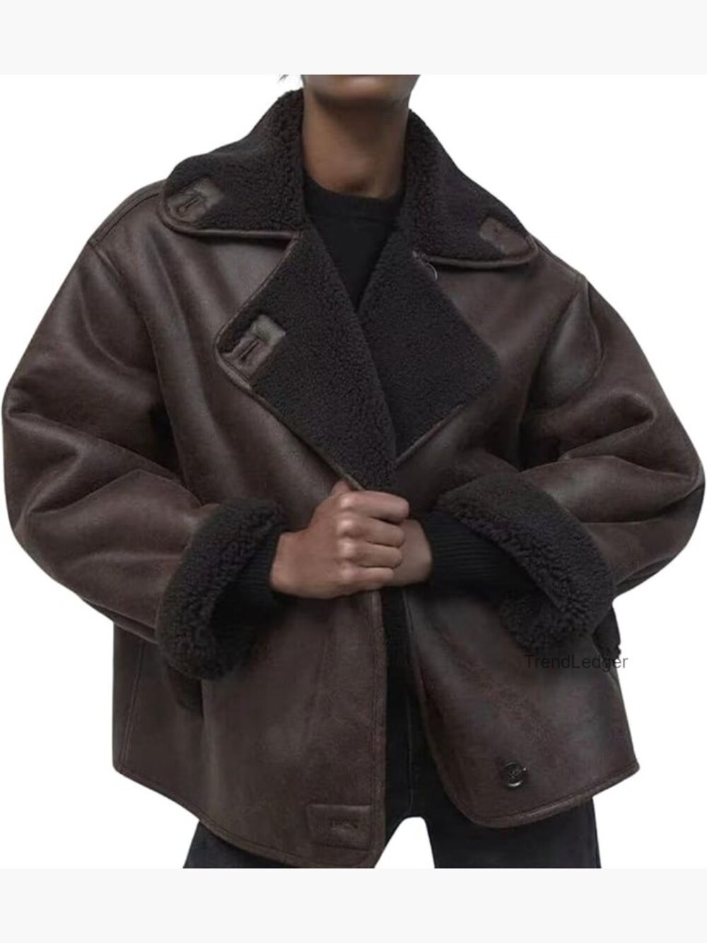 Women's Dark Brown Shearling-Trim Leather Jacket
